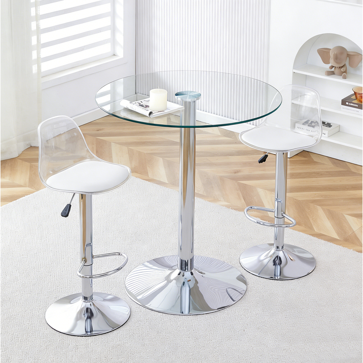 Bartisch-Set mit Glasplatte, 2 höhenverstellbaren Drehhockern, Ø 89x92 cm, Silber/Transparent – Bild 2