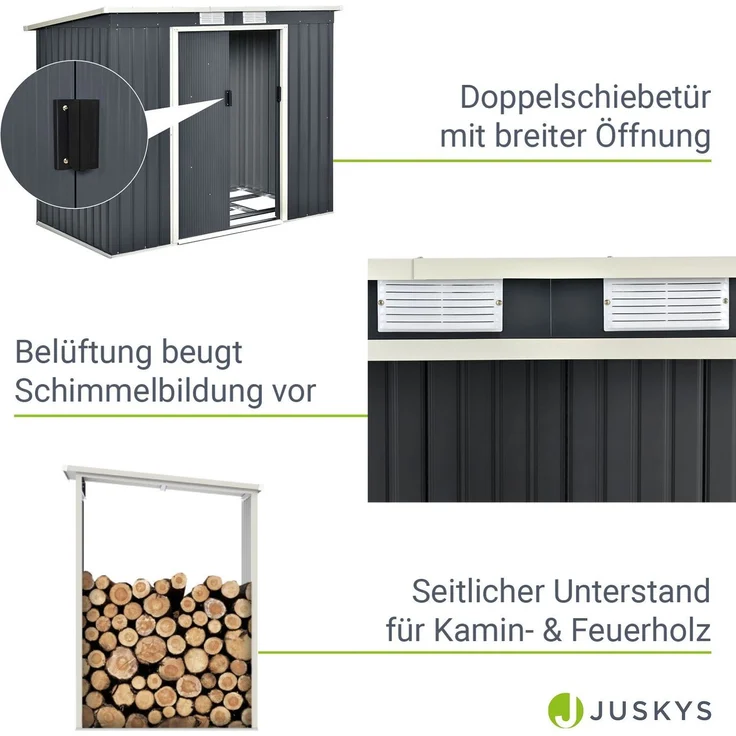 Juskys Metall Gerätehaus M mit Holzunterstand rechts, Schiebetür, Lüftungsgitter, Fundament - Geräteschuppen Gartenhaus Metallgerätehaus Holzregal – Bild 5