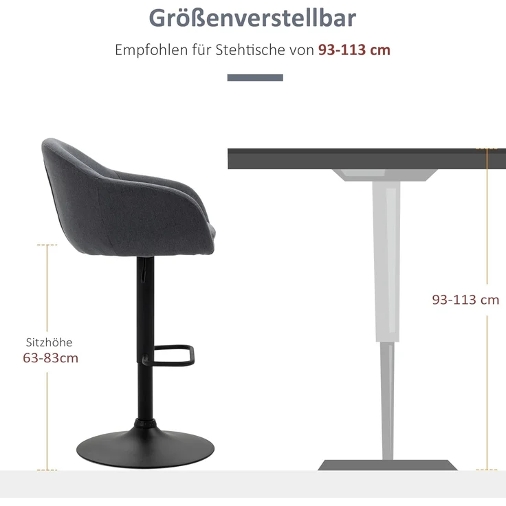 HOMCOM Barhocker Bistrohocker mit Fußstütze (Tresenhocker, 1 St, Barstuhl), Dunkelgrau, 54 x 54 x 92-112 cm – Bild 7