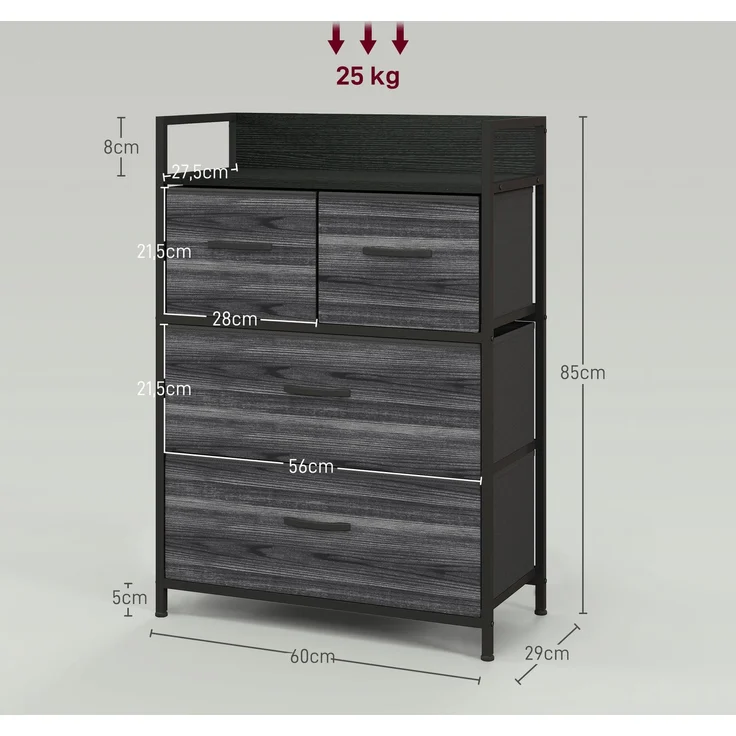 Kommode, Sideboard, 4 Stoffschubladen, Industrial Design, 60x29x85cm, Schwarz--Schwarz--60x29x85cm--YOUDENOVA – Bild 5