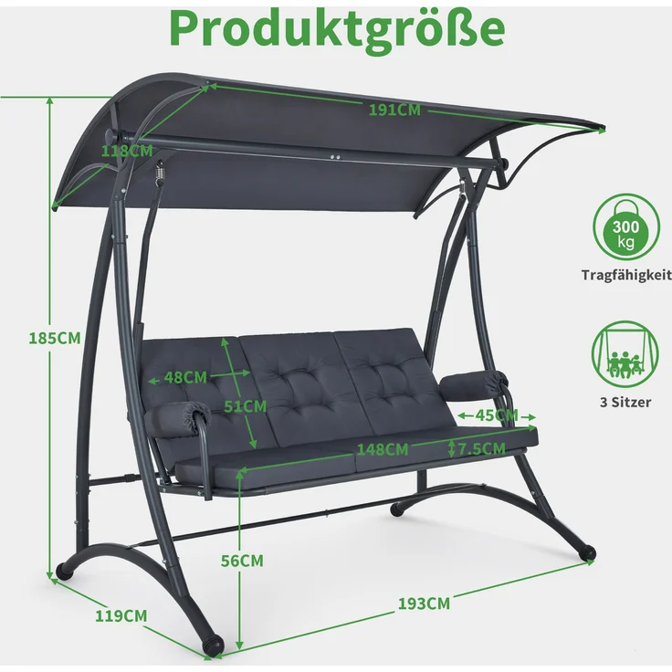 M MCombo 3-Sitzer Hollywoodschaukel mit Liegefunktion, 3 Extradickem Sitzkissen & Silent-Haken, Ruhige Gartenschaukel bis 300kg Belastbar, Schaukelbank Outdoor Wetterfest 4025 (grau) – Bild 3