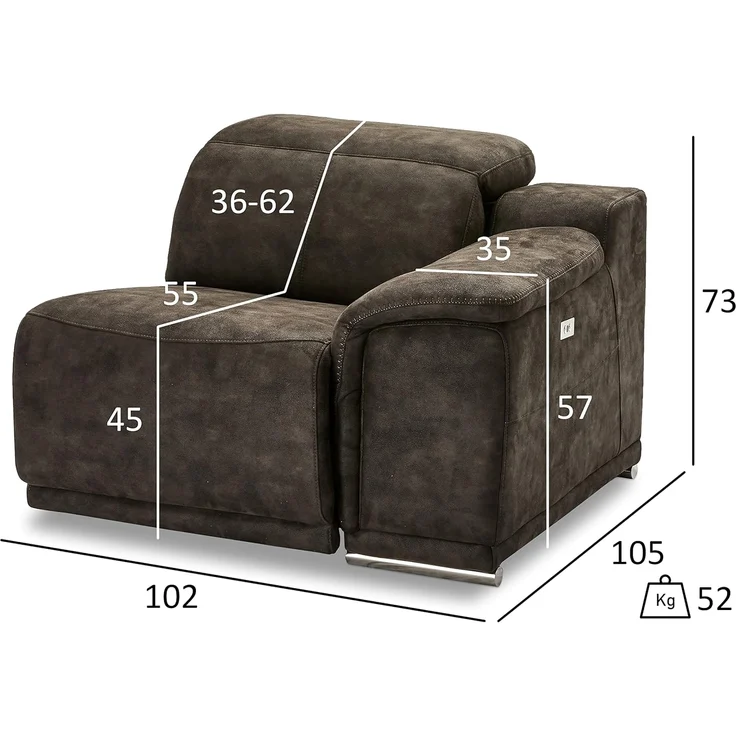 Ibbe Design Modul Sofa Braun Stoff 1 Sitzer mit Armlehne Rechts Elektrisch Verstellbar Relaxfunktion mit mit verstellbare Kopfstütze Alexa, 105 x 102 x 73 cm – Bild 2
