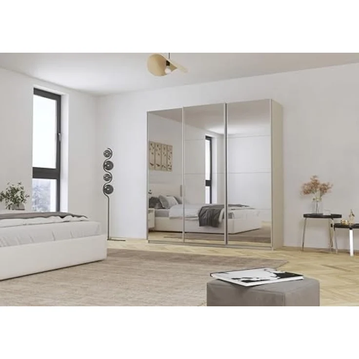 Rauch Möbel Kulmbach, Kleiderschrank mit Schwebetüren für Schlafzimmer, Kinderzimmer, Flur, 3-türig, mit Spiegel und Soft-Close-Funktion, Zubehör Premium, Farbe Beige, Breite 203 cm – Bild 2