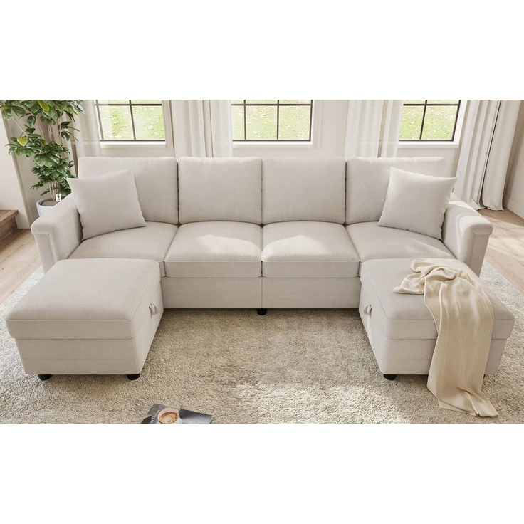 Flieks 4-Sitzer Modulsofa mit 2 Stauraumhockern, USB & USB-C, L- oder U-Form Polstersofa, 261 x 134 x 82 cm, Chenille, Beige – Bild 4