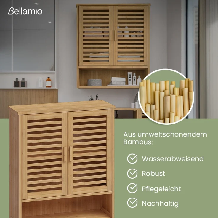 Bellamio 'Newa' Badezimmer Hängeschrank, Bambus, natur, 66x21x59 cm, Badezimmerschrank mit 3 Ablagefächern – Bild 3