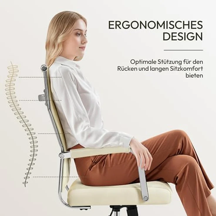 Yaheetech Bürostuhl ergonomischer Schreibtischstuhl mit Armlehnen, Chefsessel Computerstuhl hoher Rückenlehne, Arbeitsstuhl mit Wippfunktion bis 136 kg Belastbar Beige – Bild 5