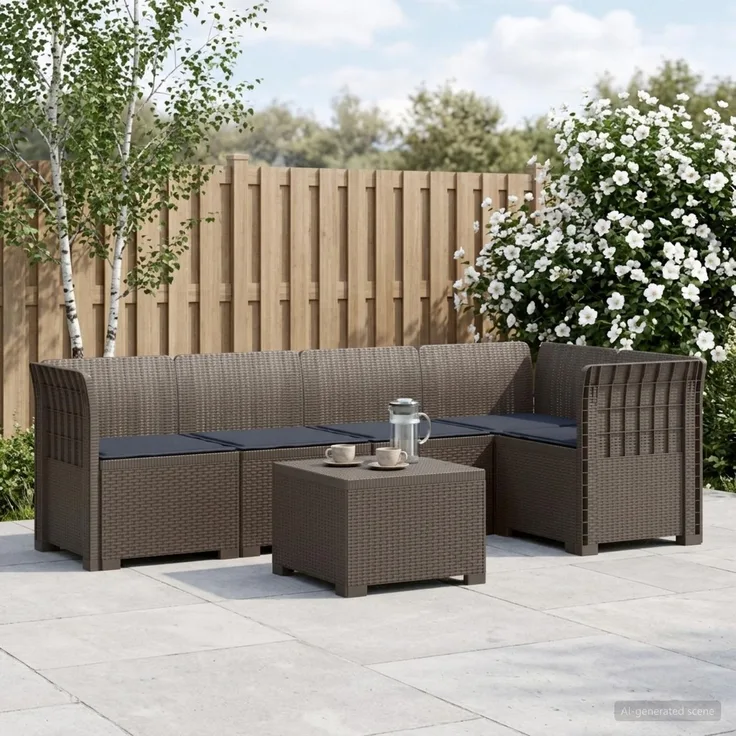 vidaXL 5-Sitzer Gartensofa mit Kissen Rattan-Look PP Hellgrau 3444085
