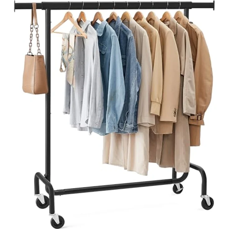 SONGMICS Kleiderständer auf Rollen, Garderobenständer, hochbelastbar, ausziehbare Kleiderstange, bis 130 kg belastbar, 45 x (110-150) x 162,9 cm, aus Metall, verchromt, Mattschwarz HSR011B01 – Bild 2