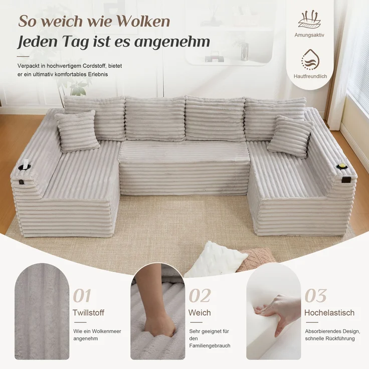 U-förmige Cord-Wohnlandschaft 320 cm mit Getränkehaltern, Seitentaschen und 6 Kissen, modulares Sofa mit Schaumstoff-Feder-Polsterung, Hellgrau – Bild 6