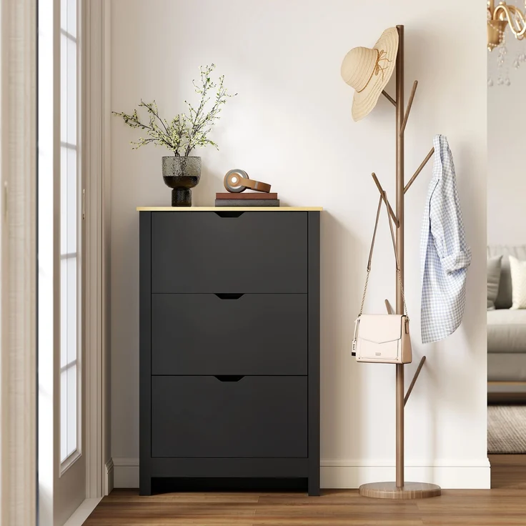 Schuhschrank mit 3 Klapptüren, 2 Fächern, Spanplatten, schwarz-Eiche – Bild 10