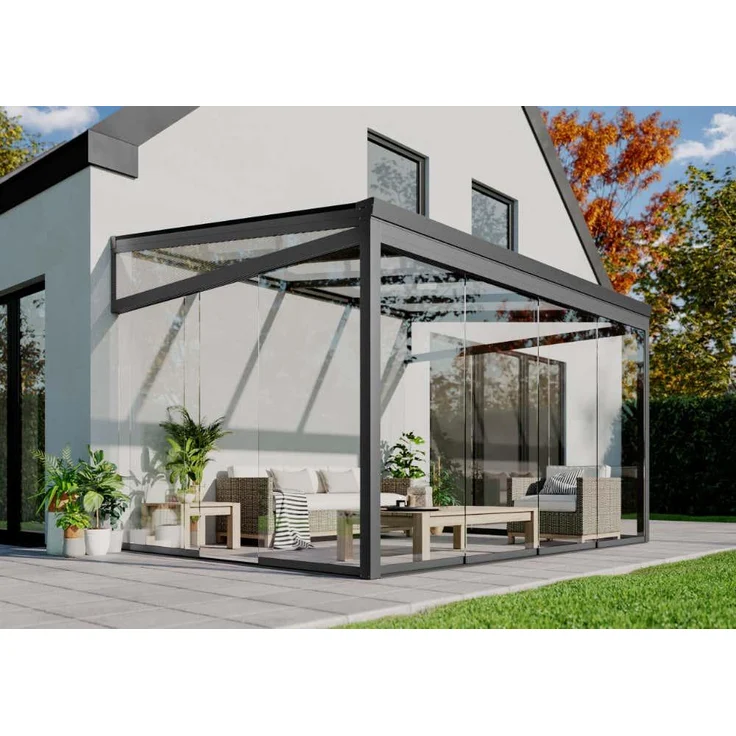Terrando Gartenzimmer Basic mit Glasschiebewänden Wintergarten aus Metall in Grau Terrassenüberdachung Glasanbau – Bild 1