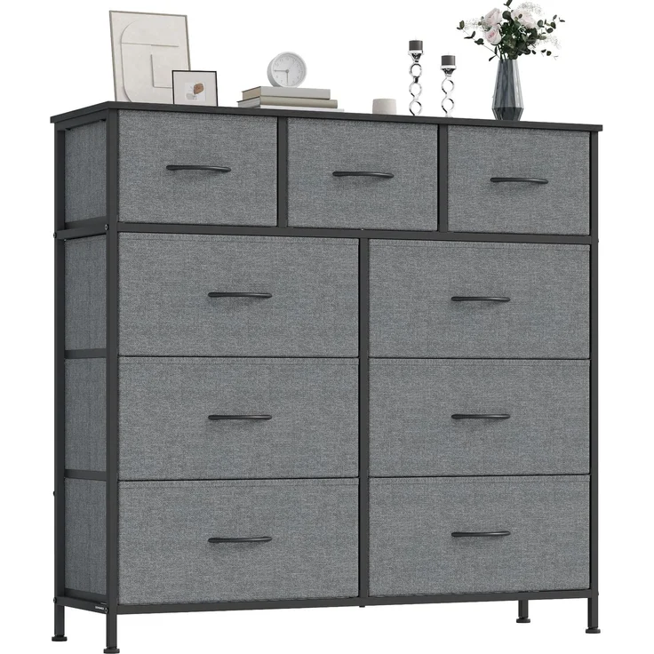 SONGMICS BELLAH Kollektion - Kommode, Schrank, Aufbewahrungsschrank, Stahl, für Schlafzimmer, Flur, Wohnzimmer, 9 Schubladen, modern, schiefergrau LGS324G101