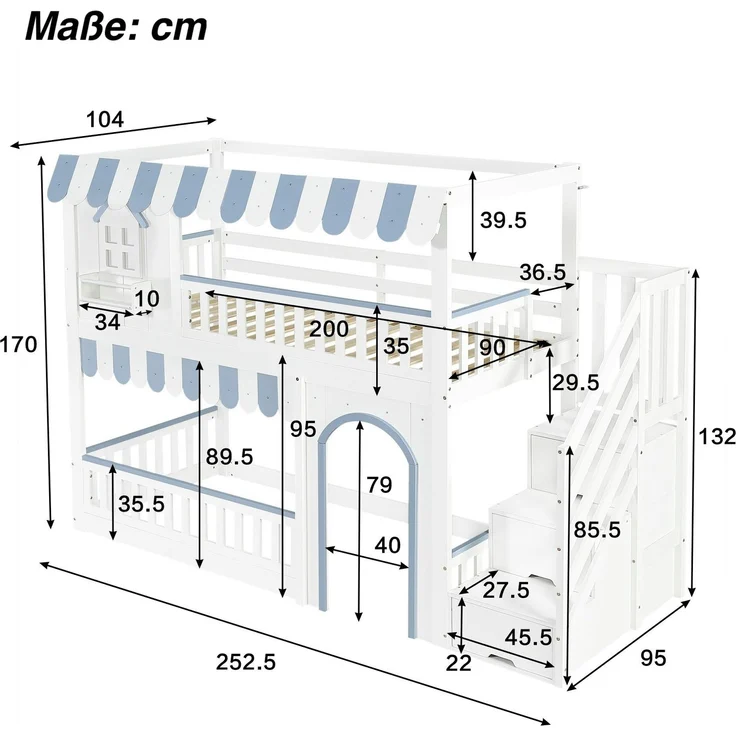 Etagenbett mit Regal, Schrank, Lattenrost, Tür und Treppe, 90x200cm, Kinderbett mit Rausfallschutz, Hochbett, Kiefer – Bild 5