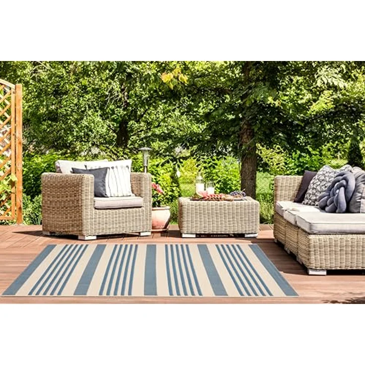 SAFAVIEH Geometrisch Teppich für Wohnzimmer, Esszimmer, Schlafzimmer - Courtyard Collection, Kurzer Flor, Beige und Blau, 160 X 231 cm – Bild 8