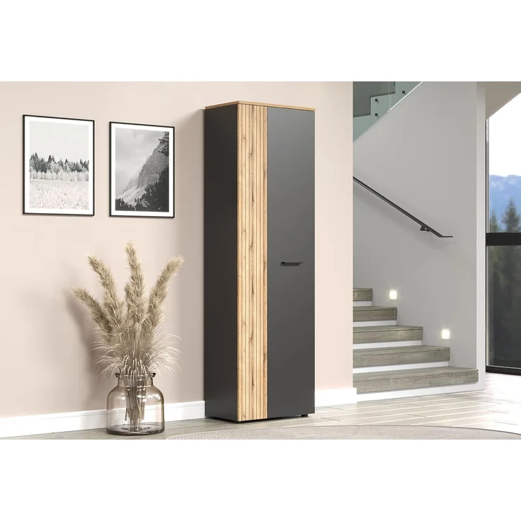 'Esteban' Garderobenschrank / Schuhschrank, Holz, grau und Eiche Evoke, 195 x 36 x 60 cm – Bild 2