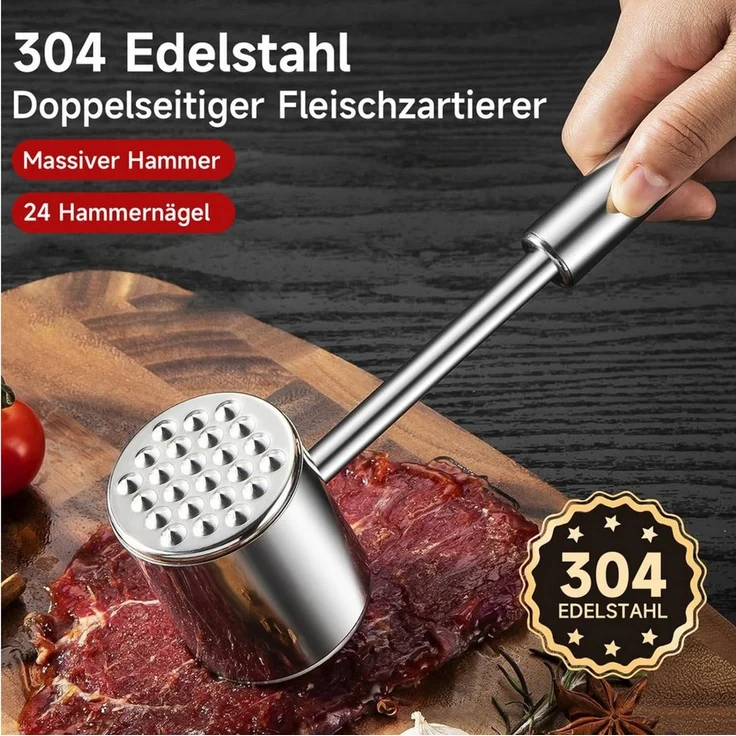 OSTWOLKE Fleischhammer Doppelseitig Fleischklopfer 304 Edelstahl Fleisch Hammer Silber – Bild 3