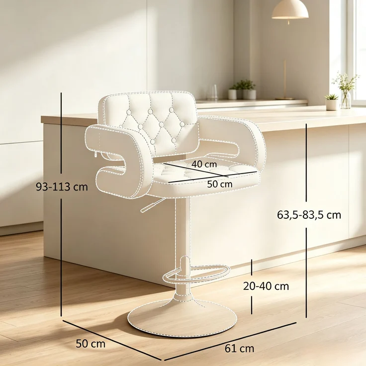Komfortabler Höhenverstellbarer Stuhl,Barhocker mit Armlehnen und Rückenlehne,Praktischer Arbeitsstuhl (nur mit Stuhl)--Weiß--61x50x113cm--YOUDENOVA – Bild 3