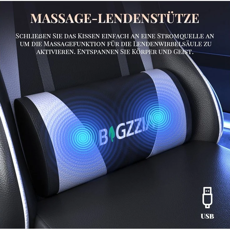 ZAISZE Gaming-Stuhl Schreibtischstuhl, Ergonomischer Bürostuhl mit Massagefunktion (PC Stuhl mit Fußstütze Kopfstütze Lendenkissen), Höhenverstellung Neigung 90°- 135°, für Gaming Arbeit Entspannung – Bild 3