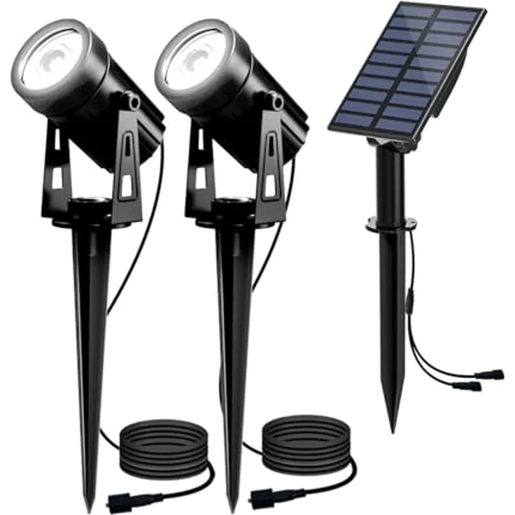 T-SUN Solar Gartenleuchte, 2 Stück Solarstrahler mit IP65 Wasserschutz, 2 Helligkeitsstufen, 3 Meter Kabel, automatischer Ein/Aus-Funktion, 6000K Kaltweiß