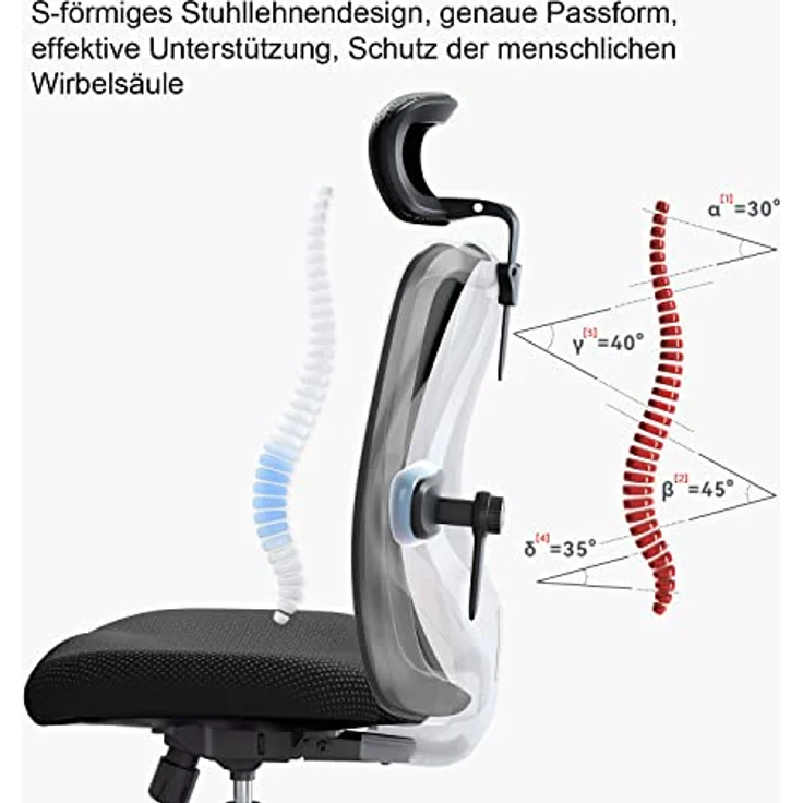 SIHOO Bürostuhl Ergonomischer Schreibtischstuhl, Drehstuhl hat Verstellbarer Lordosenstütze, Kopfstütze und Armlehne, Höhenverstellung und Wippfunktion, Rückenschonend, Bis 150kg/330LB Belastbar – Bild 6
