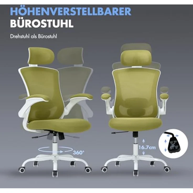 COLAMY Bürostuhl Mesh Computerstuhl, Bürostuhl Ergonomisch, Arbeitsstuhl mit Verstellbarer Kopfstütze und Lendenwirbelstütze, Schreibtisch Stuhl mit hochklappbarer Armlehne, 140° Wippfunktion, Grün – Bild 4