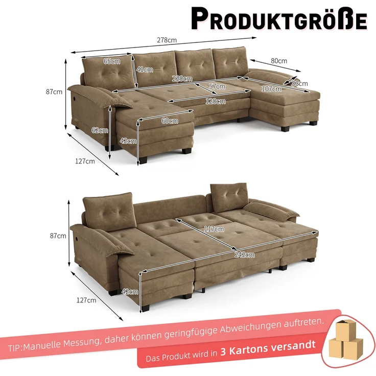 ZUBALIYA Schlafsofa 127x87 cm, mit USB - Anschluss, mit Ausziehbett, mit Chenille - Bezug, mit Samtbezug, modular aufgebaut, Weiß – Bild 6