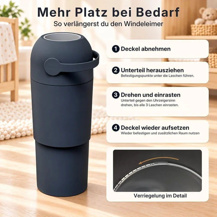 Set Magic Windeleimer, Abfalleimer mit Geruchsstopp, ohne Kassette + Windel | Hygienischer Mülleimer Geruchsdicht für Windeln ohne Kassette, Hygieneeimer für Windelentsorgung, Bad, Kinderzimmer, Küche – Bild 8