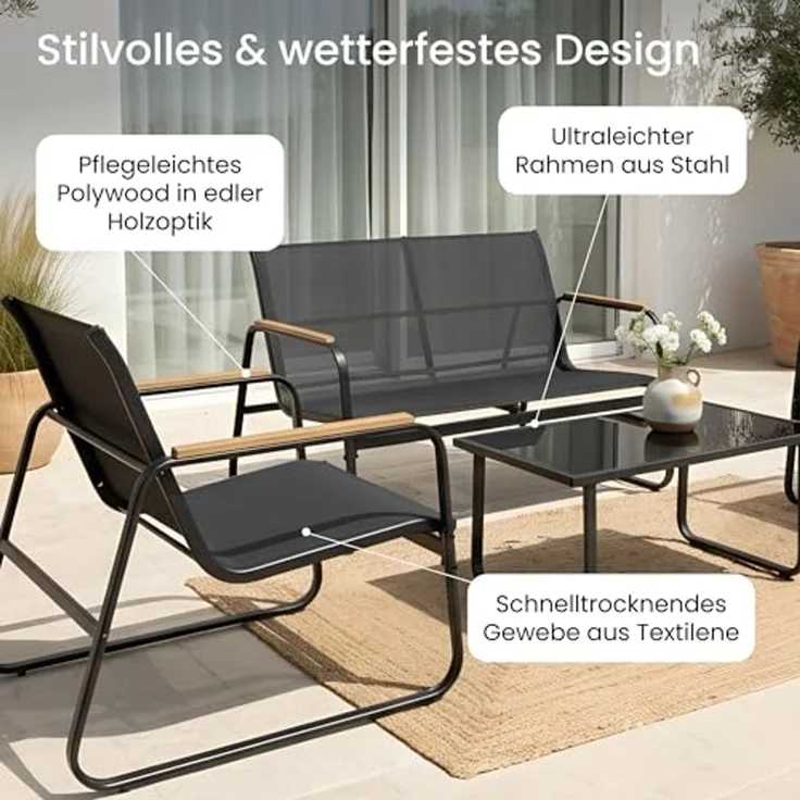 Home Collective Gartenlounge-Set Lounge Möbel Outdoor Gartenlounge Gartenmöbel 4-teilig in schwarz, wetterfest & pflegeleicht, ideal für Terrasse Balkon oder Garten – Bild 5