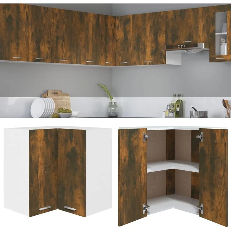 vidaXL Eck Hängeschrank, Wandschrank für Küche, Eckschrank mit viel Stauraum, Küchenschrank Schwebeschrank Küchenmöbel, Räuchereiche Holzwerkstoff – Bild 4