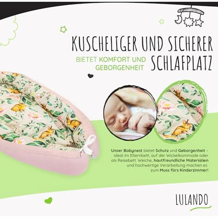 LULANDO Babynest, multifunktionales Kuschelnest für Babys und Säuglinge, Standard 100 von Oeko-Tex, Nestchen, Reisebett, 100% Baumwolle, antiallergisch, hergestellt in der EU – Bild 5