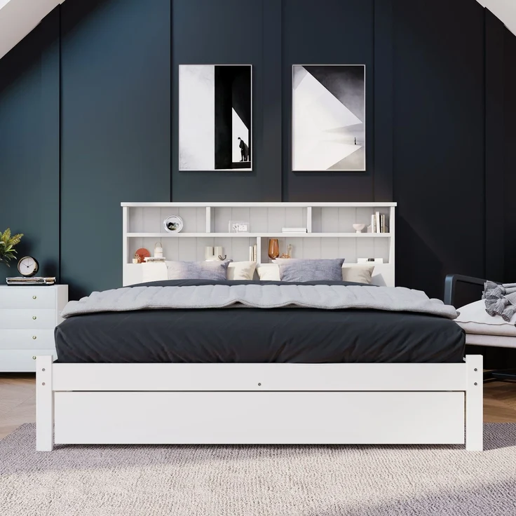 Holzbett, Doppelbett inkl. Schublade und Lattenrost, Kopfteil mit Regal, 140x200 cm, Holzbett aus Kiefer – Bild 3