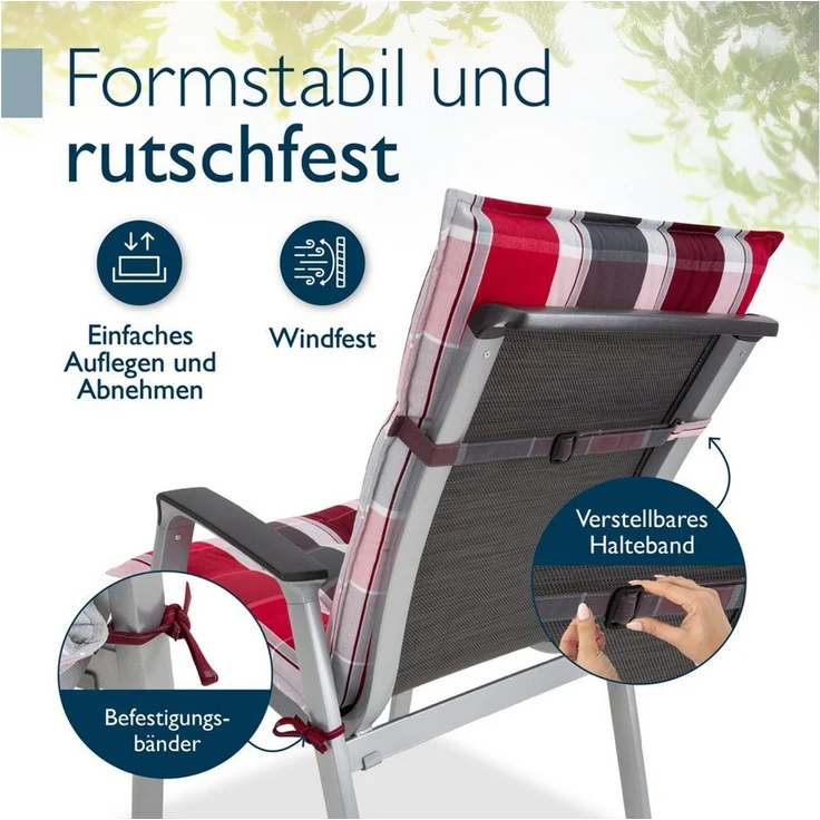 Beautissu Sitzauflage Premium Niedriglehner Sun-NL, 100x50cm, Rot-Anthrazit Gestreift, 8cm Dicke Gartenstuhlauflage mit Befestigung UV-Lichtechtheit 5 – Bild 4
