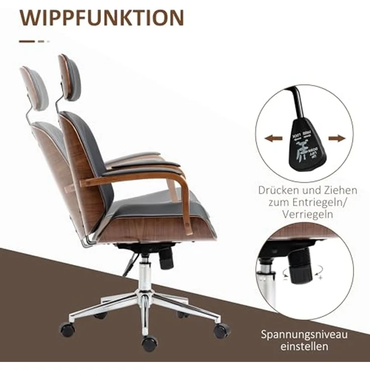 Vinsetto Bürostuhl mit Hoher Rückenlehne, Abnehmbarer Kopfstütze (Höhenverstellbarer Drehstuhl, 1 St), mit Wippfunktion aus Kunstleder für Home-Office Schwarz – Bild 5
