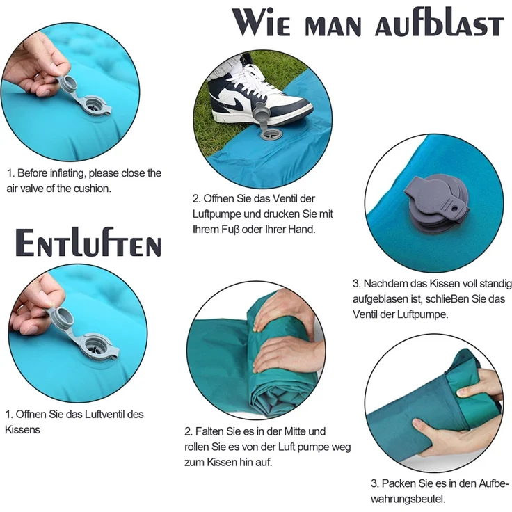 Eikuavons Camping Isomatte, Isomatte Camping Aufblasbar, für Camping Wandern Strand, 8.5cm Dicke Isomatten Camping Ultraleicht mit Kissen Isomatte Selbstaufblare Schlafmatte, Blau – Bild 6