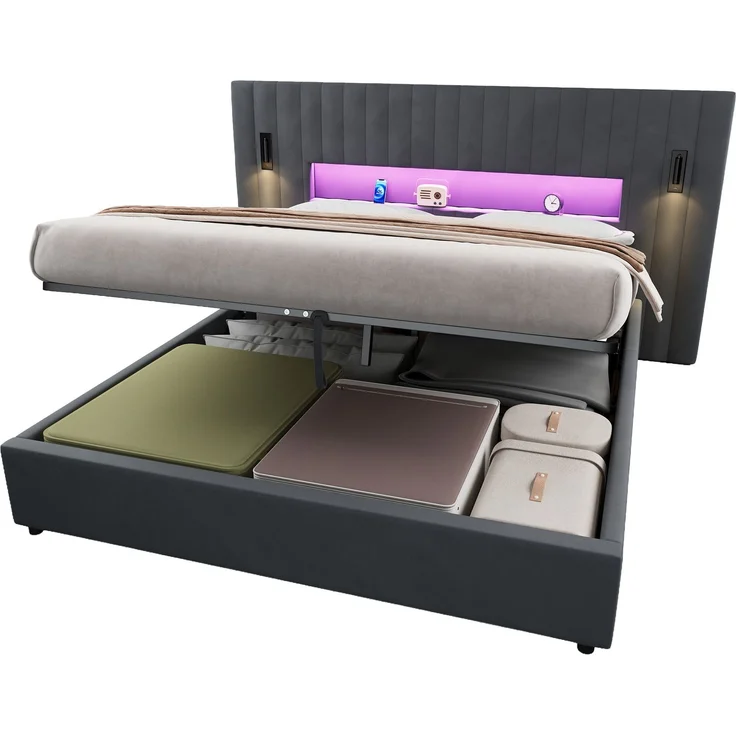 Polsterbett 180x200 cm mit hydraulischem Bettkasten, LED-Leseleuchten, USB, mit Matratze – Bild 8