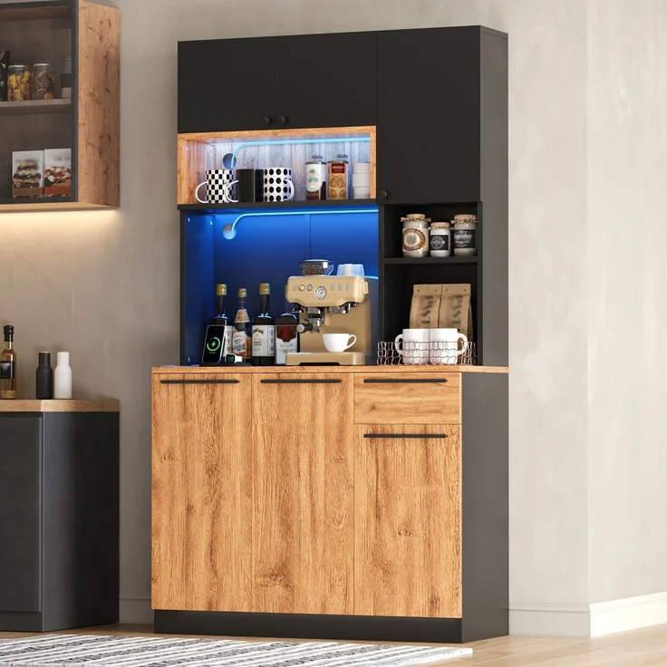 Küchenschrank, Hochschrank mit LED-Beleuchtung und Steckdosen, Vorratsschrank mit 6 Türen und 1 Schubladen, moderner Buffetschrank Sideboard für Küche, Wohnzimmer und Esszimmer, 100 × 40 × 180 cm--Natürlich--100x40x180cm--YOUDENOVA – Bild 6