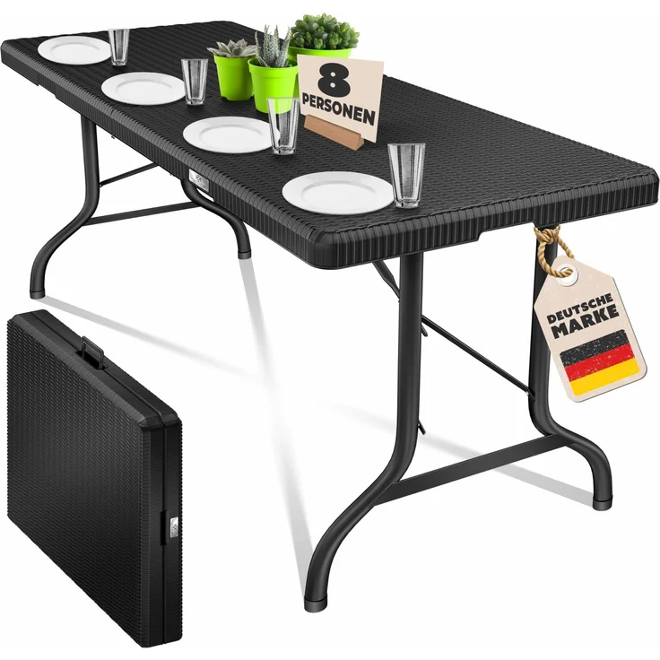 KESSER® Buffettisch Tisch klappbar Kunststoff 180x75 cm Rattan Optik Campingtisch Partytisch Klapptisch Gartentisch für Garten Terrasse und Balkon zusammenklappbar 6 Personen ink. Tragegriff (Schwarz)