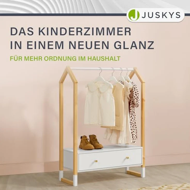 Juskys Kinder Kleiderständer Filla - große Schublade, Kleiderstange, offener Ständer - Kindergarderobe aus Holz - Mädchen & Jungs - Garderobe Weiß – Bild 9