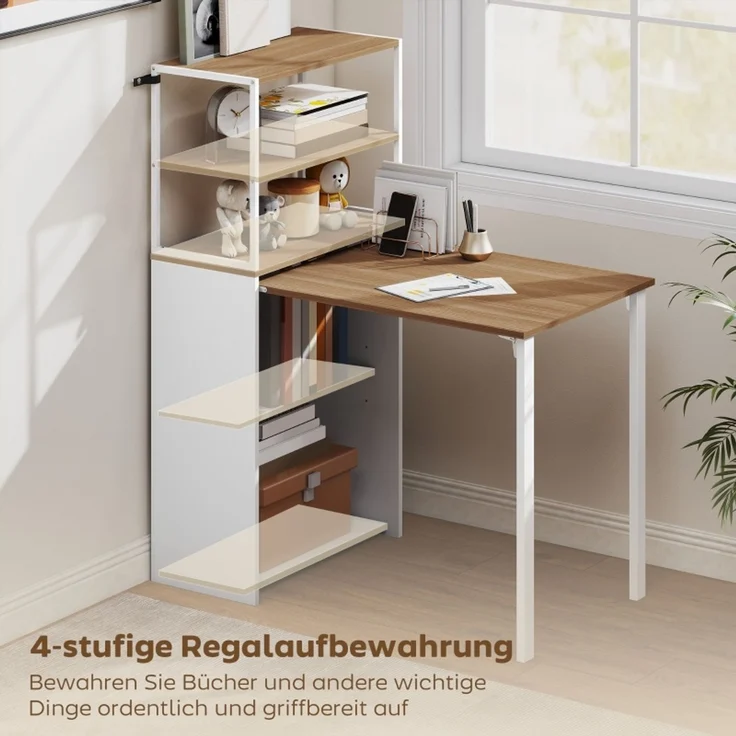 EINHOM Schreibtisch Klappbar Küchentisch mit 4 Regal Computertisch Arbeitstisch Laptoptisch 105 x 60 x 127 cm Naturholz – Bild 5