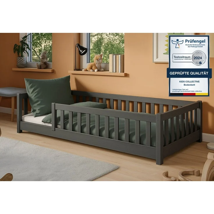 Kids Collective Kinderbett Bodenbett Bett mit Rausfallschutz & Lattenrost Montessori Bett Kinder (weitere Größen 80x180, 90x190, 90x200, 120x200, 140x200 cm), Jugendbett Einzelbett Graphit Kiefer 80x160 cm – Bild 1
