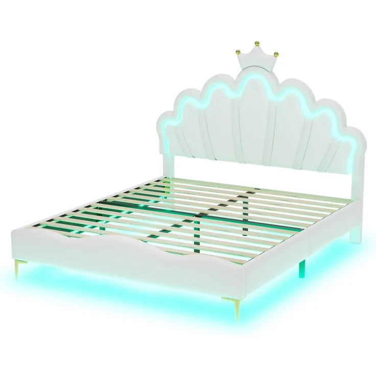 140*200cm Flaches Doppelbett, kronenförmiges Prinzessinnenbett, weiche Polsterung aus PU-Leder, verstellbarer LED-Umgebungslichtstreifen, weiß – Bild 8