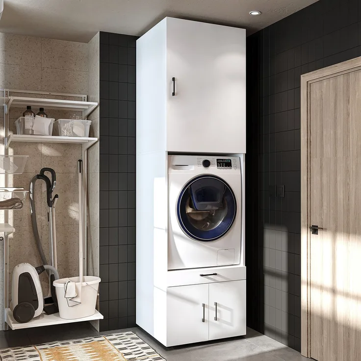Roomart Waschmaschinenschrank mit 95 cm Schrankaufsatz – HBT 240×67×66,8 cm – mit Ausziehbrett – Waschküche & Hauswirtschaftsraum • Weiß