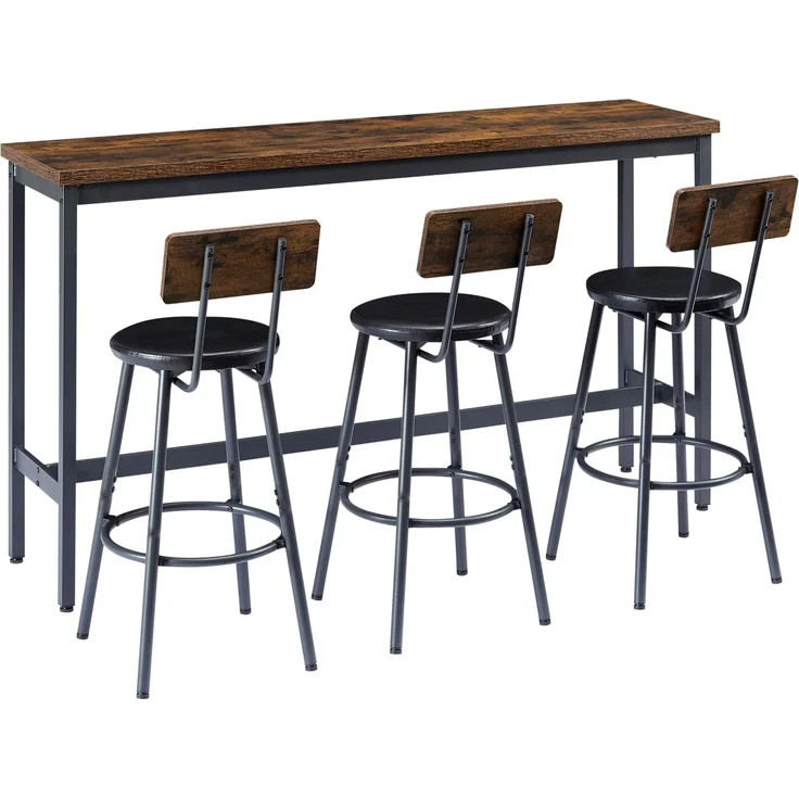 Langer Bartisch mit 3 gepolsterten Barhockern aus PU, industrieller Bartisch und Stühle für die Küche, den Frühstücksraum, das Wohnzimmer, den Bankettsaal, rustikales Braun und Schwarz – Bild 5