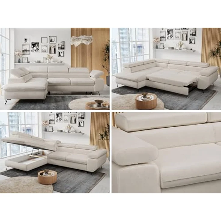 Mks Möbel 'Peter L-form' Ecksofa mit Bettfunktion, Bettkasten & einstellbaren Kopfstützen, Hellbeige, Mikrofaser, links – Bild 2