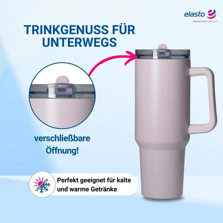elasto Becher Edelstahl Trinkbecher mit Deckel und Strohhalm 1,2 Liter, isoliert, robust, für unterwegs – Bild 2