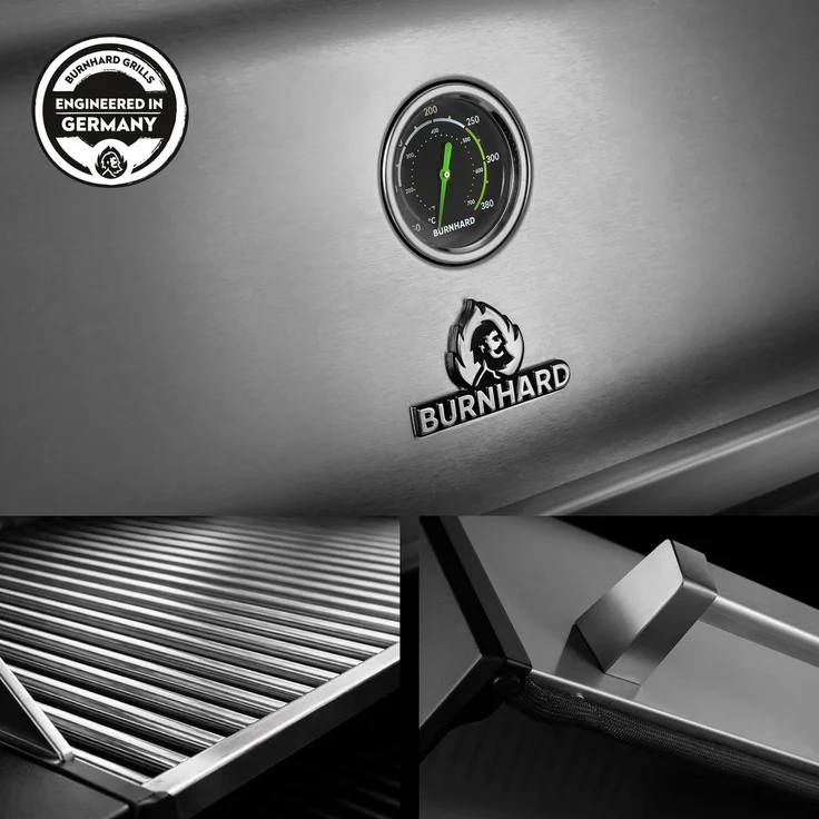 BURNHARD® Gasgrill 6-Brenner, 6x Longlife Premium-Gussbrenner, 900°C Infrarot-Keramikbrenner, Seitenkochfeld, Heckbrenner, Piezo-Zündung, Edelstahlrost – Fat FRED Deluxe+, Silber – Bild 6