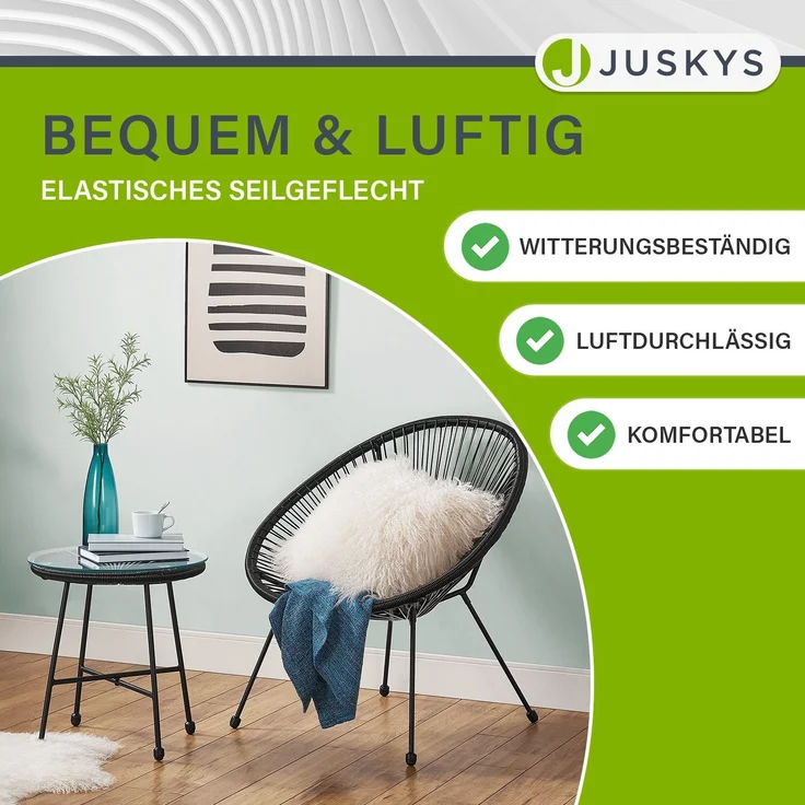 Juskys 'Ostana' Balkonmöbel Set, 3-teilig, Tisch + 2x Sessel, Polyrattan, Schwarz – Bild 3