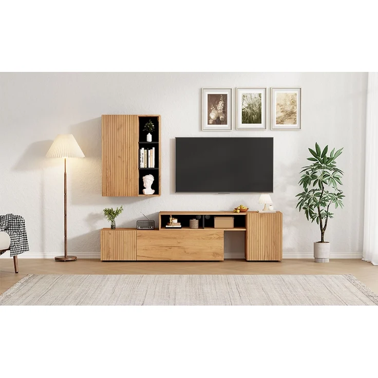 TV Wohnwand-set mit Vitrine (Komplett-Set, 2-St),Mediawand inkl. TV-Board -set und Standregal,TV Wohnzimmermöbel-Set,flexible Länge TV-Schrank bis 265 cm,stehend&hängend,TV bis 120',Holzfarbe+Schwarz--Eiche--100.69x62.23x15.75cm--YOUDENOVA – Bild 6