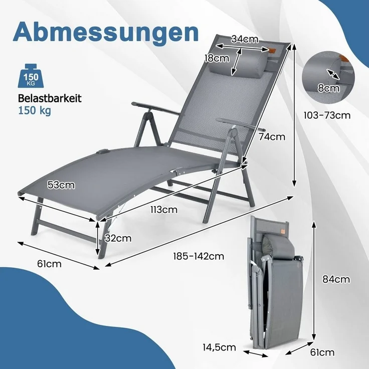 COSTWAY Gartenliege Sonnenliege, klappbar, 7-fach verstellbar, mit Kopfstütze – Bild 2