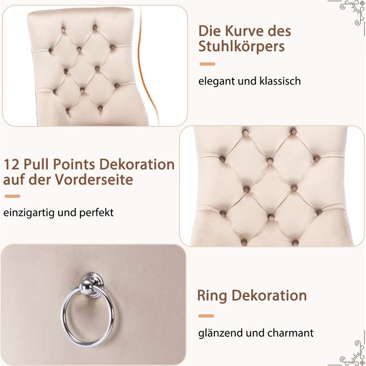 Esszimmerstuhl (2er Set) beige Samt, hohe Rückenlehne, Massivholzgestell – Bild 6